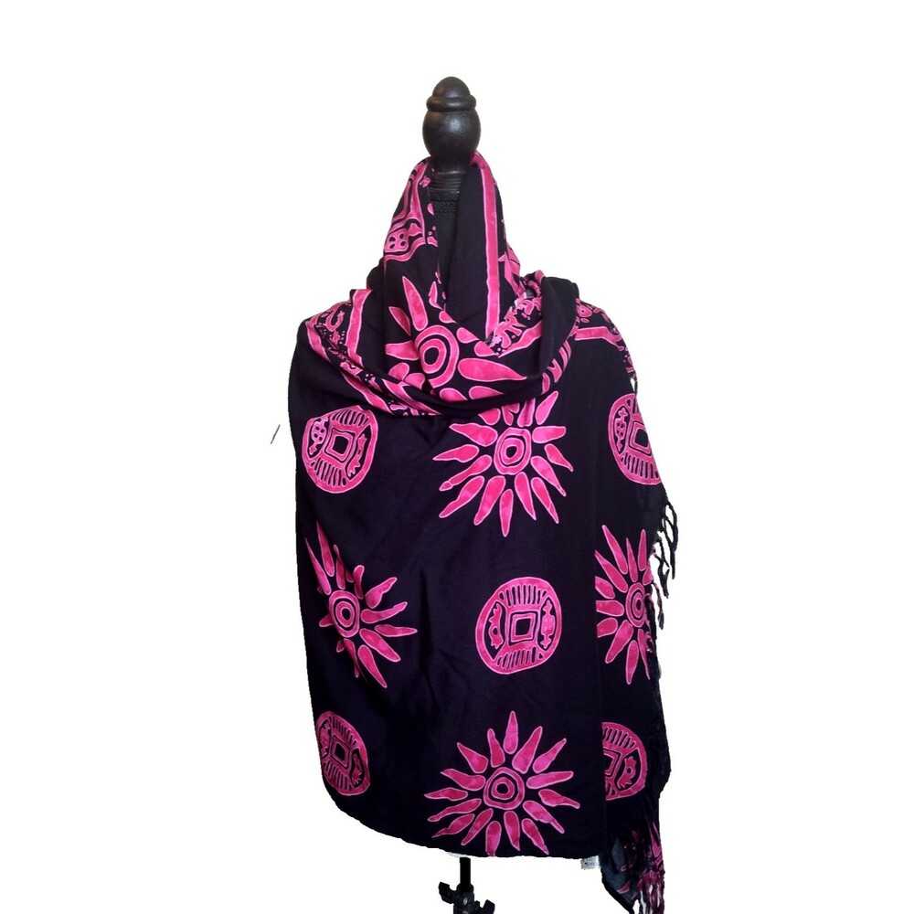 Koko Knot Black Red Southwest Tribal Rayon Scarf Wrap Sarong 62” x 44” w Fringe
